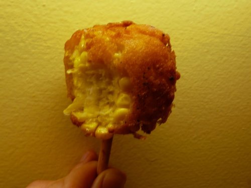 Corn Corn  Corn on the Cob on a stick, covered in corn dog batter and deep fried. (Submitted by Arwest)