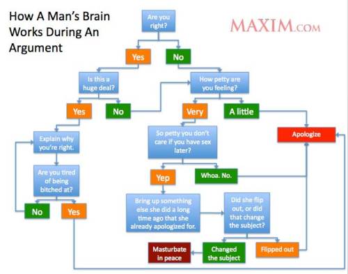 Flow Chart of the Day, Part 2 of 2: How A Man’s Brain Works During An Argument. Presented without comment. [via.] Earlier: How A Woman’s Brain Works During An Argument.