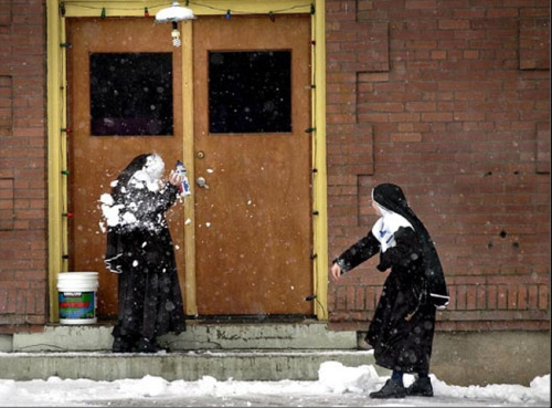 As it says in the Bible: “She that is without sin among you, let her cast the first snowball.”
[via.]